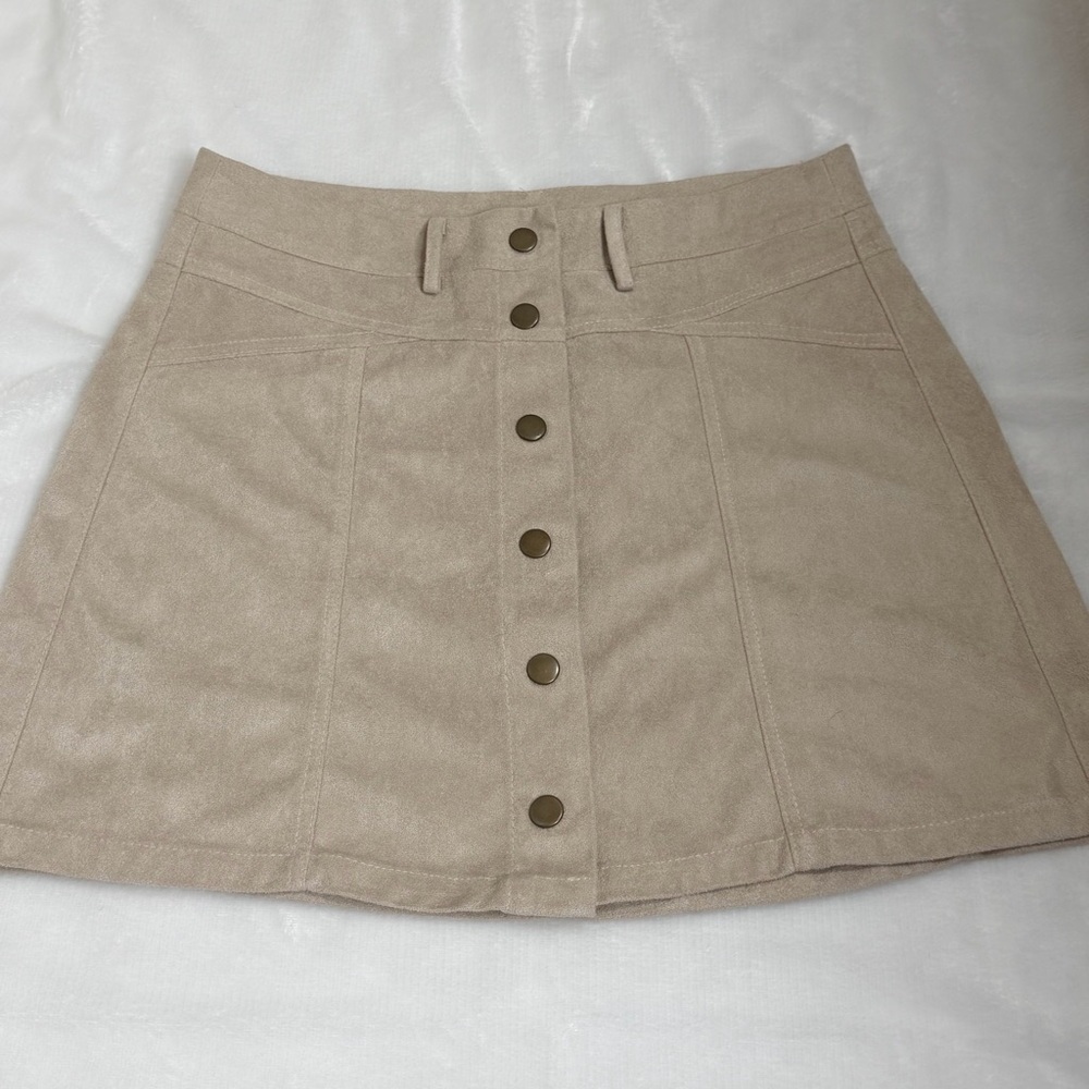 She + Sky Beige Faux Suede Button Front Mini Skirt Staple High Rise A Line Small